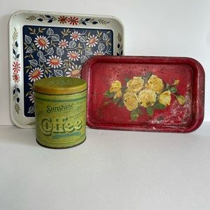 Vintage tin platters and coffee can